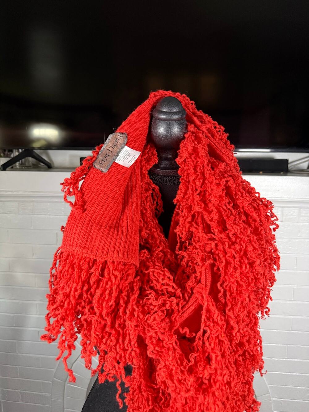 Free People Red Shaggy Loopy Knit Fringe Statement Scarf Boho Cozychic